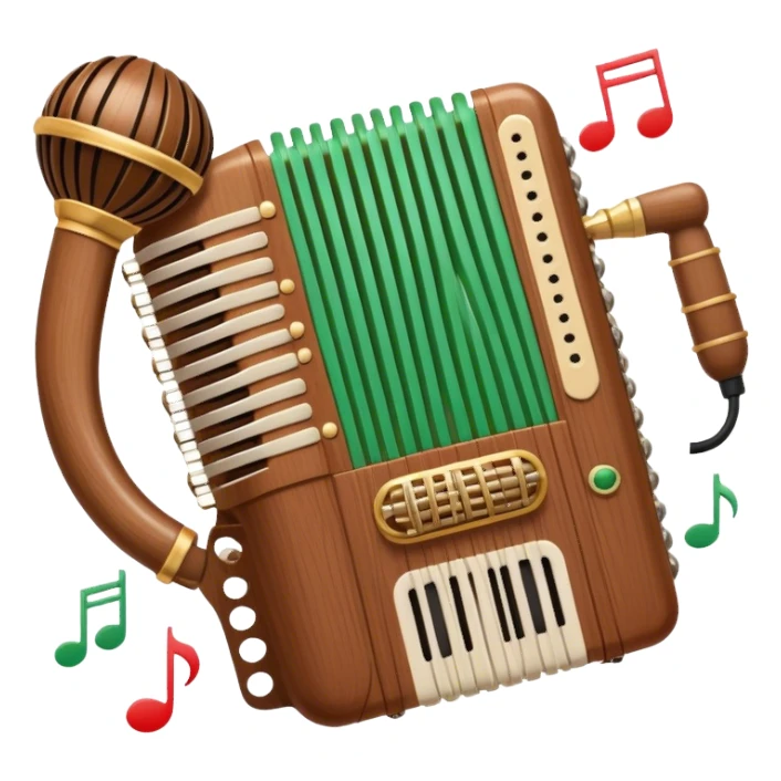 Create a warm and inviting humanless emoji representing folk singing. The design should feature a traditional microphone, perhaps with a wooden texture, symbolizing the rustic and authentic feel of folk music. Surround the microphone with subtle elements such as a hand-played tambourine, an accordion, or a balalaika to reflect the folk instruments. Add flowing musical notes to symbolize the vocal melodies. Use earthy, natural colors like browns, reds, and greens to evoke a sense of tradition, warmth, and connection to the community. The background should be transparent. sticker