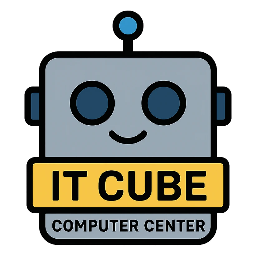 A gray-blue robot cube sticker for IT CUBE Computer Center, inspired by the attached logo sticker