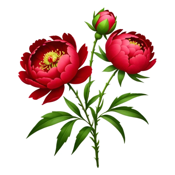 bouquet red Peony, luxuriant, stem, leaf, bud sticker