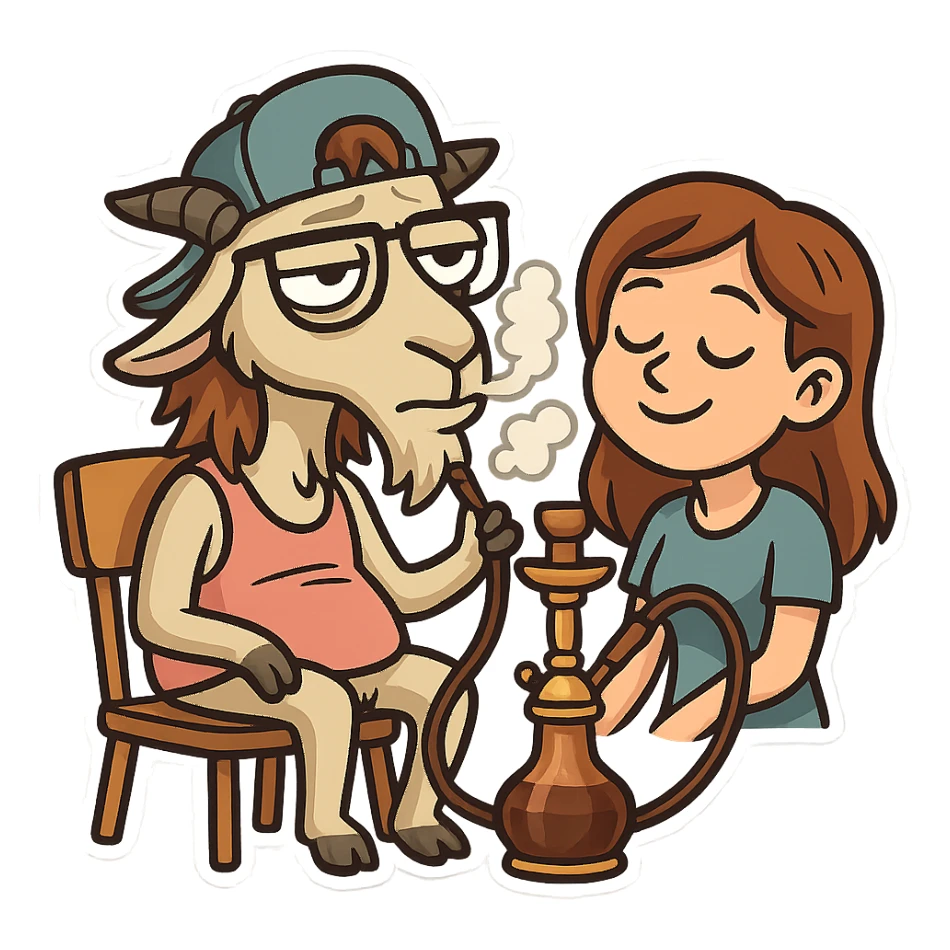 goat for Telegram stickers inspired by reference https://attic.sh/feoducyurkpqwz0la088soao98sx: wearing a cap, glasses, mullet hairstyle, pink drunkard tank top, sitting on a chair, smoking hooka with a girl https://i.ytimg.com/vi/x9PRt8xgy7Y/hqdefault.jpg . transparent background  sticker