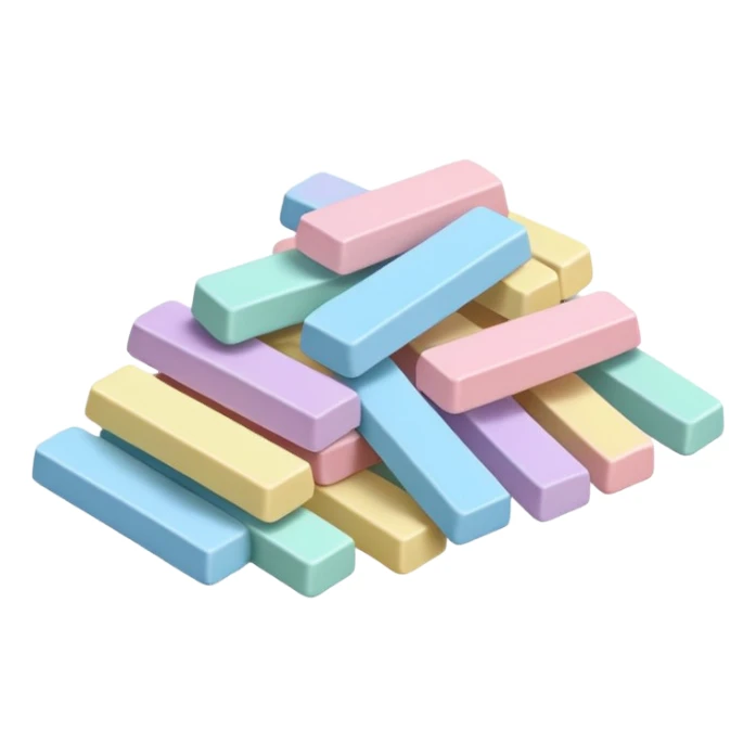 small pile of pastel-colored rectangular gum sticks or square tablets with smooth, slightly glossy coating, uniform pieces, neatly stacked or gently scattered, no wrapper, no mouth, no extras, just the gum, soft lighting, subtle shadows, emoji scale sticker