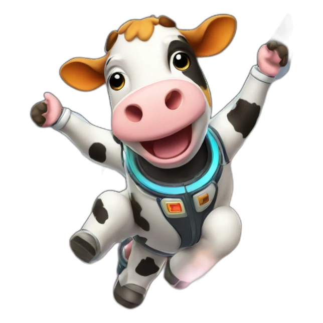 cow flying to space while wearing a jetpack that is emitting flames sticker