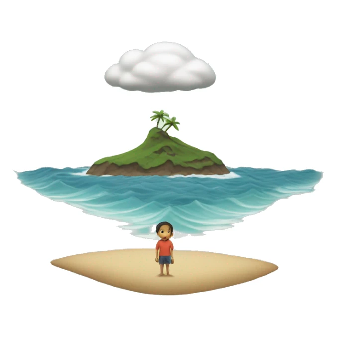 A tiny person standing on a deserted island, surrounded by waves, with a single cloud above their head sticker