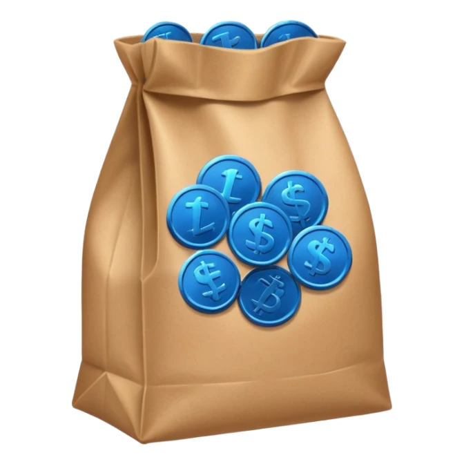 blue coins inside a brown bag  sticker