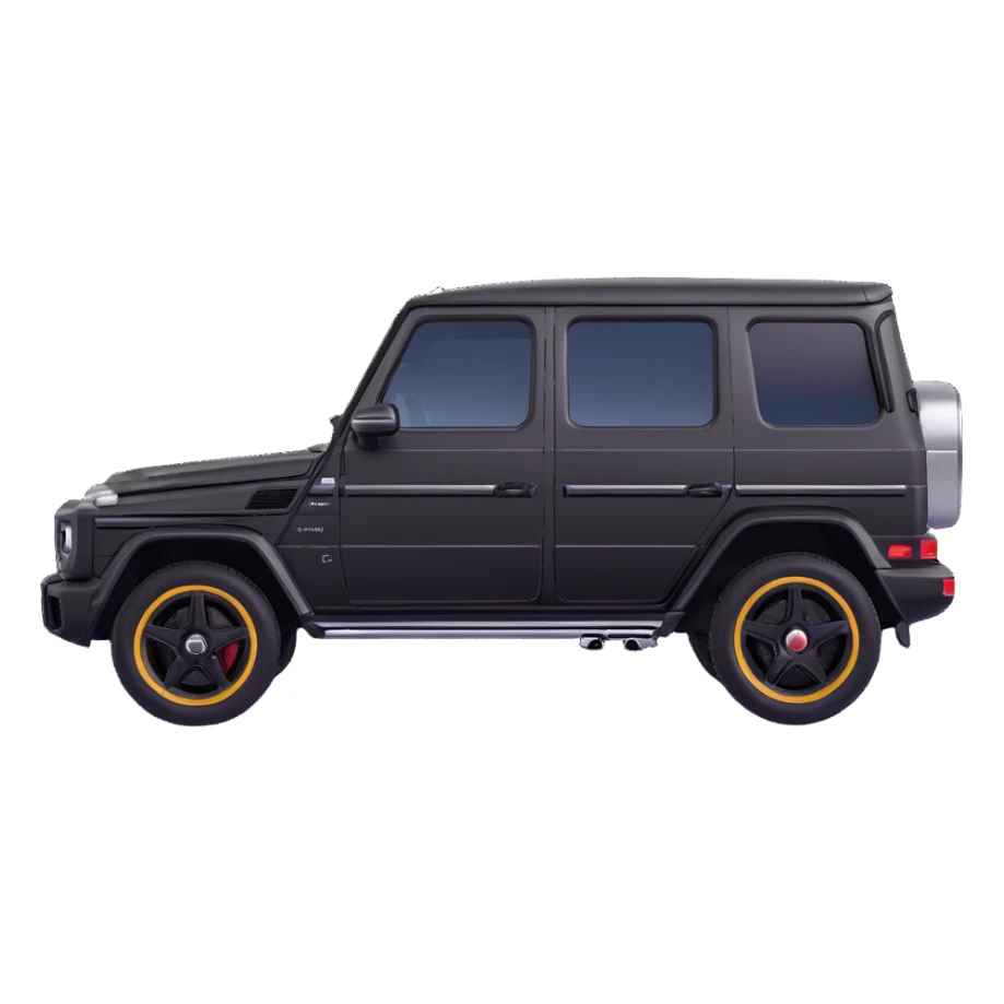 Create a Mercedes G-Class SUV in exact side view angle, extremely minimalized but keeping the recognizable G-Class shape. Remove any roof details or extras. Use black color. Style it in a 3D Apple emoji-like style matching the simplicity and feel of the blue car emoji reference. sticker