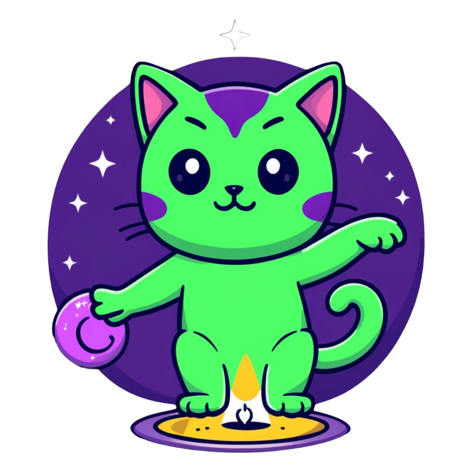 alien cat casting a spell with sparkles and stars sticker