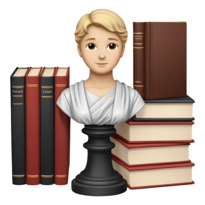 Minimalistic flat vector icon, iOS style, thin black contour on white background. Bust statue on a small pedestal next to a stack of books, symbolizing classic literature. Clean, no text, no shadows sticker