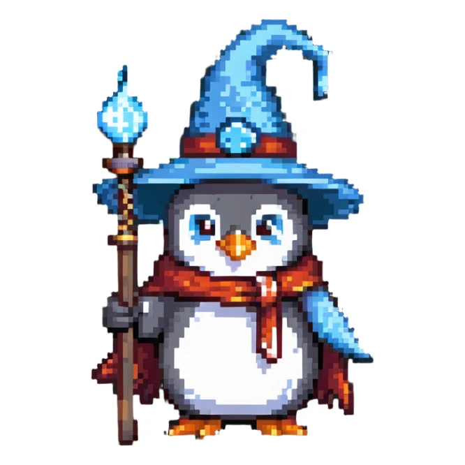penguin wizard with a pointy hat and magic staff sticker