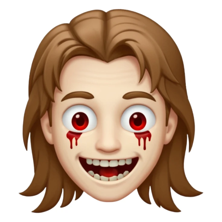 парень с русыми длинными волосами; бледная сероватая кожа; белые глаза; открытая улыбка, где на зубах кровь;  sticker
