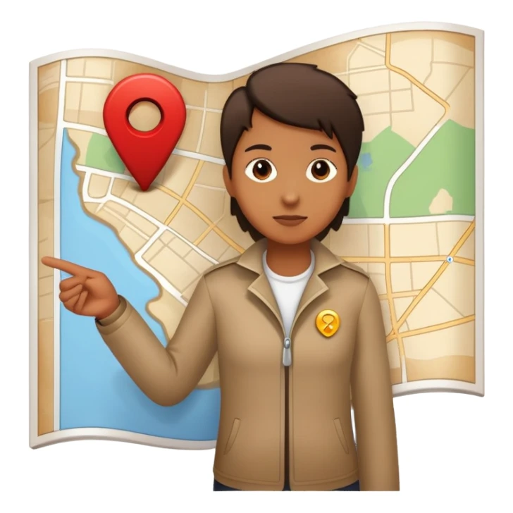 character standing next to location pin on a map sticker