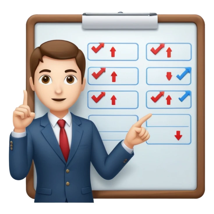 professional figure pointing at a task board or flowchart. The character wears business casual clothing sticker