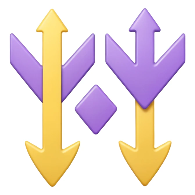 Two rounded arrows, one pointing up (yellow), one down (purple), soft 3D effect, pastel colors, Pixar style, hand-drawn texture, transparent background sticker