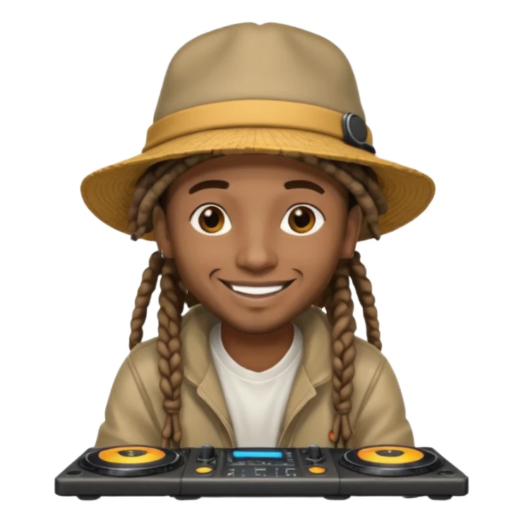 dreadlocks, DJ with wide-brim cap sticker
