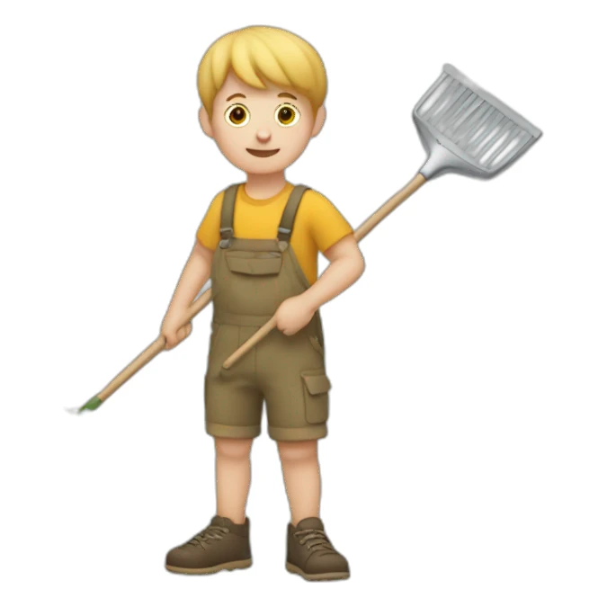white kid holding a rake with leaves sticker