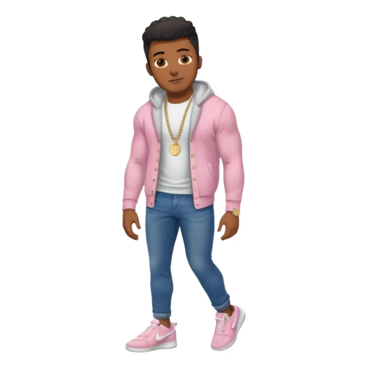 Handsome Black guy with brown skin tone, with muscular build, wearing dark denim jeans, a white t-shirt, pink and gray fuzzy cardigan, white Nike sneakers, a gold watch, and a dainty chain sticker