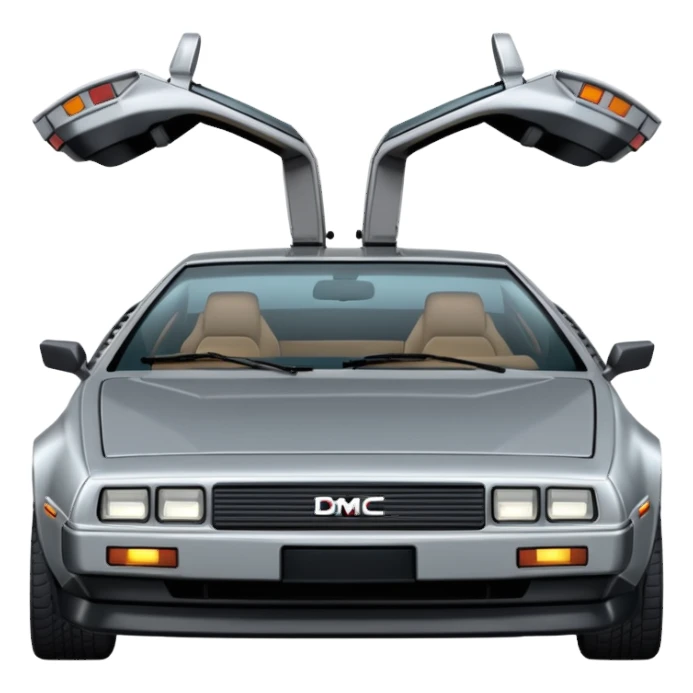 Silver DMC 12 Delorean, closed doors, backside view sticker