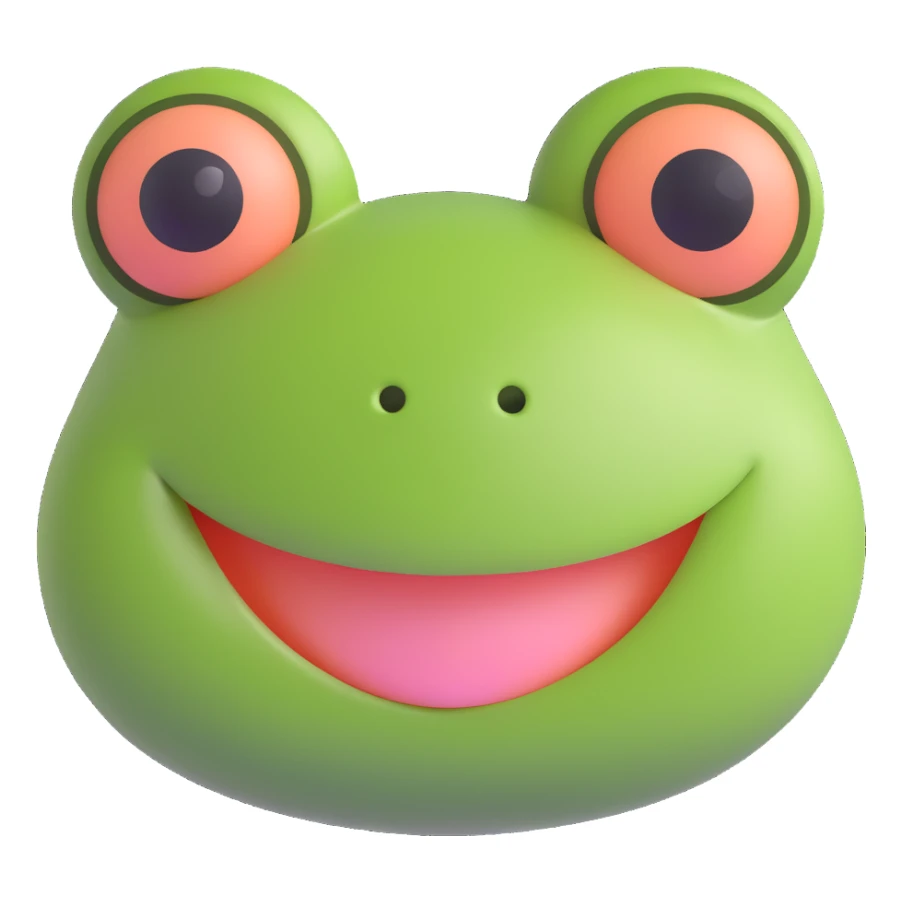 3D emoji style frog face, smiling, cheeks slightly blushed, simple and cute sticker