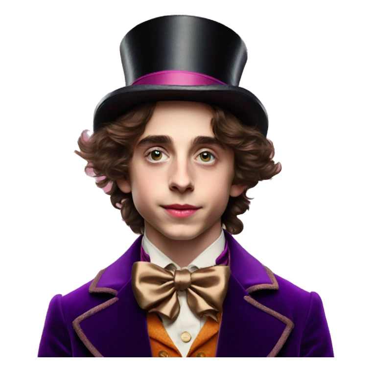 Timothée Chalamet as young Willy Wonka, large face, hat sticker