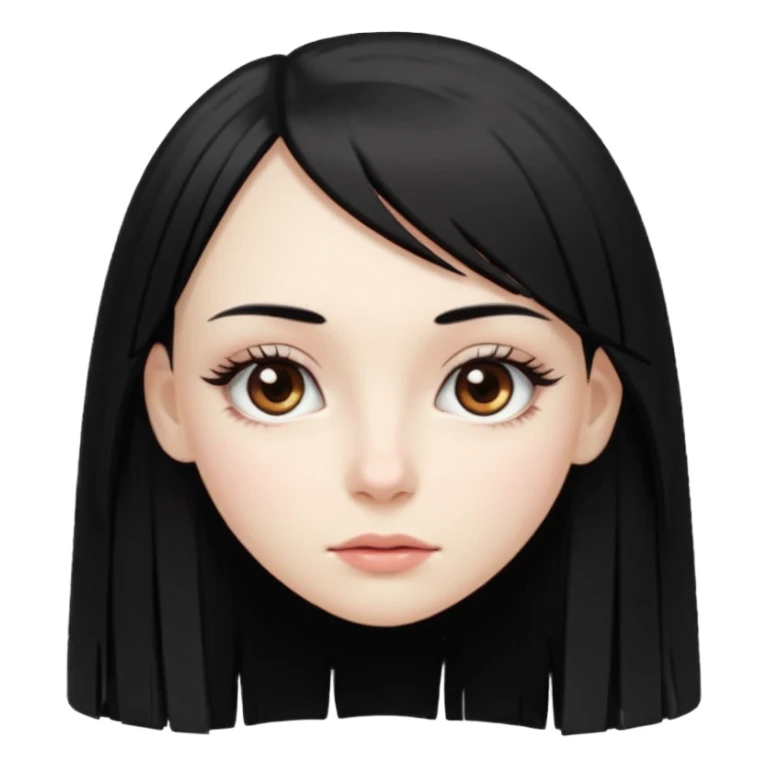 девушка с бледной кожей у неё длиные прямые черные волосы и челка ниже бровей глаза коричневого цвета худая у неё длиные ресницы sticker