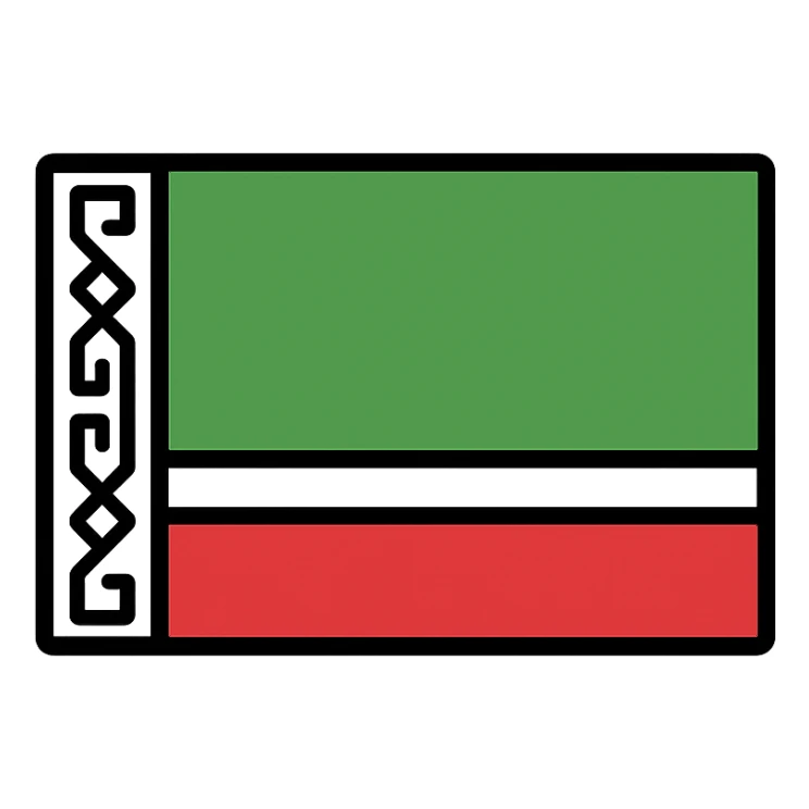 Chechen flag, green with white and red stripes at bottom, white patterned stripe on left, modern icon style sticker