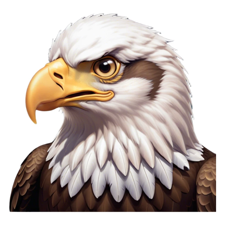 Cinematic Comical American Eagle Portrait Emoji, Head tilted dramatically with an exaggeratedly shocked expression, featuring a robust, powerful form with wide, comically expressive eyes full of playful disbelief and a mix of stark white and dark plumage, Simplified yet hilariously expressive features, highly detailed, glowing with a slightly sassy majestic glow, high shine, dramatic yet playful, stylized with an air of cheeky aerial mischief, soft glowing outline, capturing the essence of a meme-worthy American eagle that looks ready to side-eye its way into viral fame! sticker