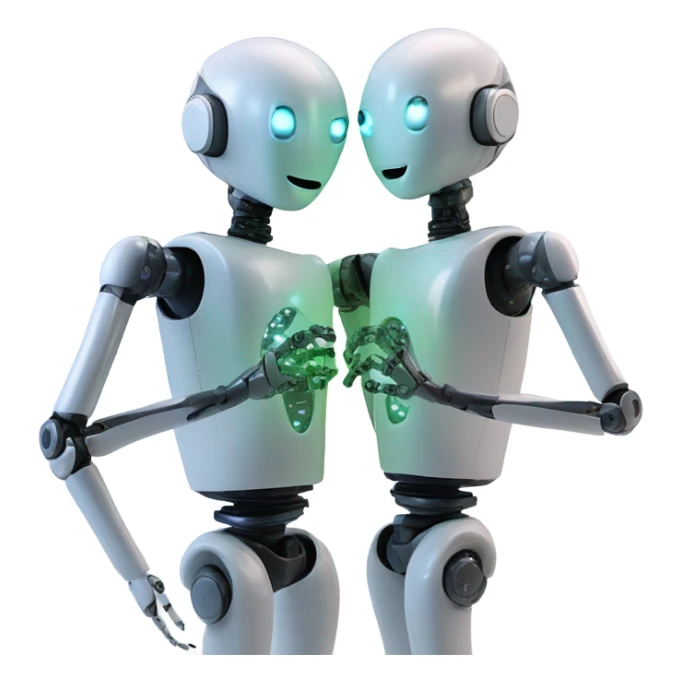 Two robots. One robot is reprogramming the other robot. The reprogramming takes place in the head of the 'other' robot. sticker
