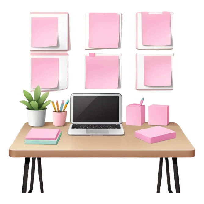 Study desk with pastel pink sticky notes on the wall, soft natural light sticker