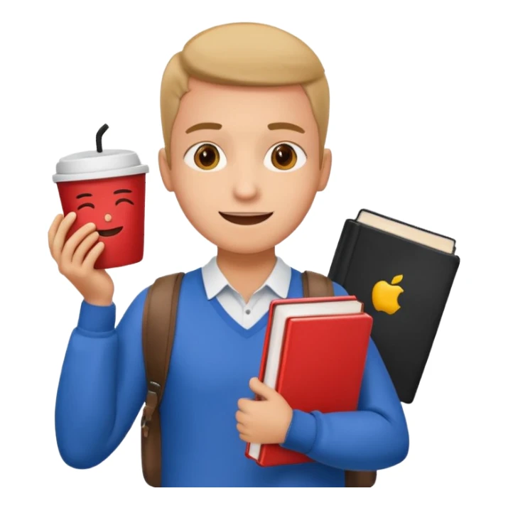 Create two emoji characters.

Left: a stressed student preparing for IELTS, holding books and coffee, tired face, exam stress.

Right: a happy confident student after IELTS, traveling abroad, airplane, university, freedom, smiling.

Style: Apple emoji, clean, simple, white background. sticker