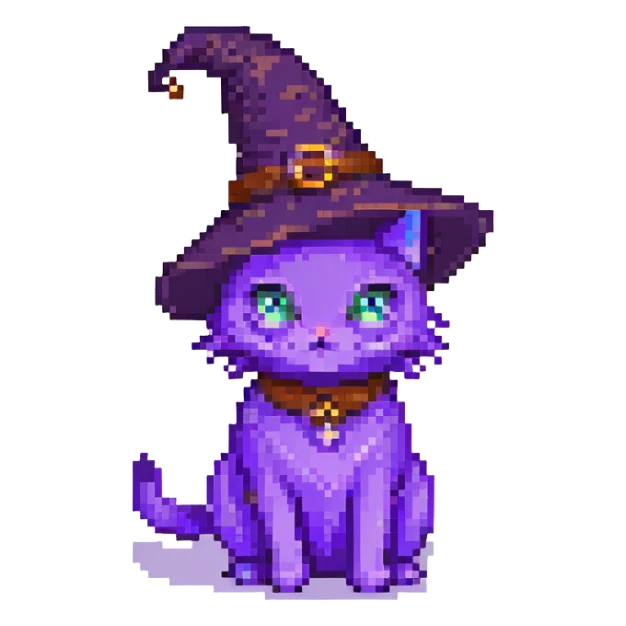 A purple witch cat, pixel art style, sitting. sticker