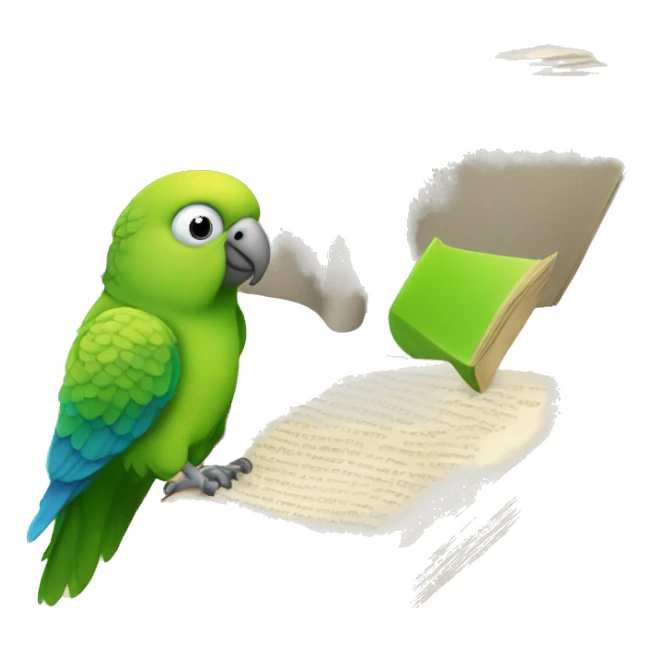 parakeet with giant book sticker
