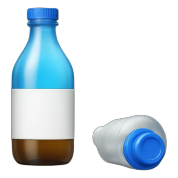 A half-empty bottle with a blue cap sticker