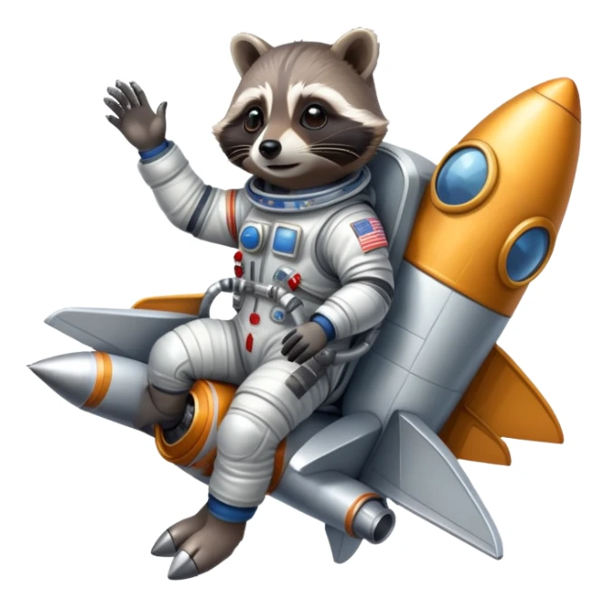 raccoon astronaut riding a rocket sticker