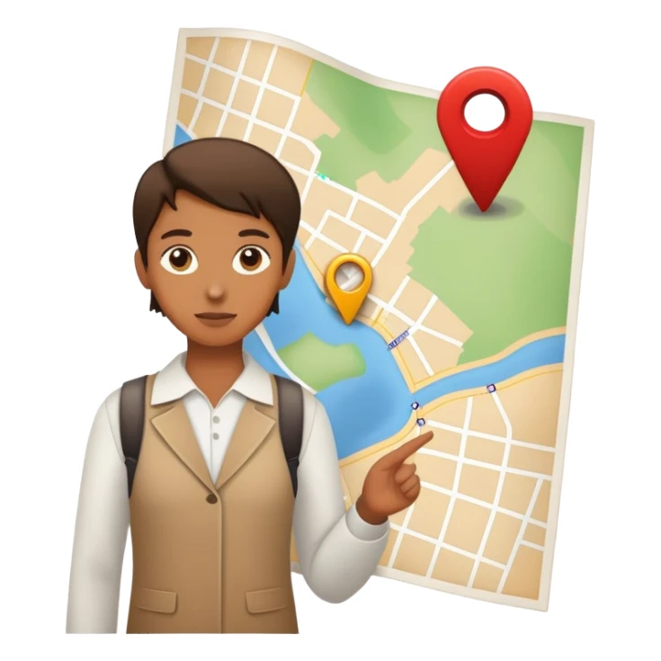 character standing next to location pin on a map sticker