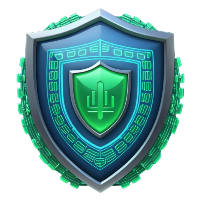 generate full blue cyber shield with different  green hack symbols  sticker