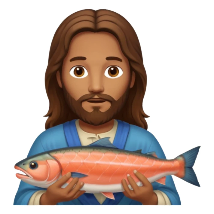 Jesus with long brown hair and a long beard holding a salmon sticker