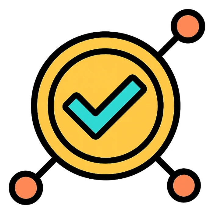 professional simple logo for a loan protocol, coin with checkmark and subtle network nodes, representing approval blockchain technology sticker