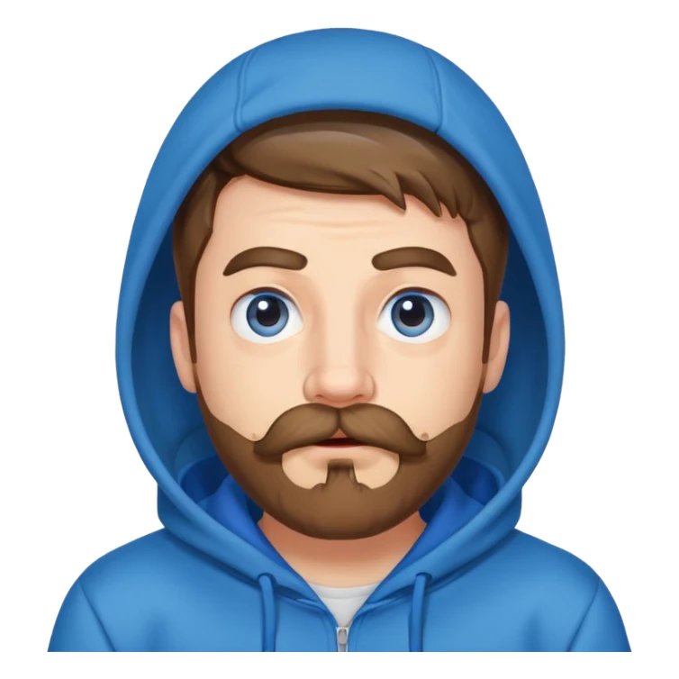 Mr. Beast wearing a blue hoodie, mustache and beard, surprised expression sticker