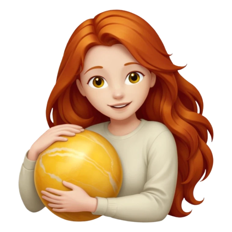 Happy long haired redhead hugging big yellow marble sticker