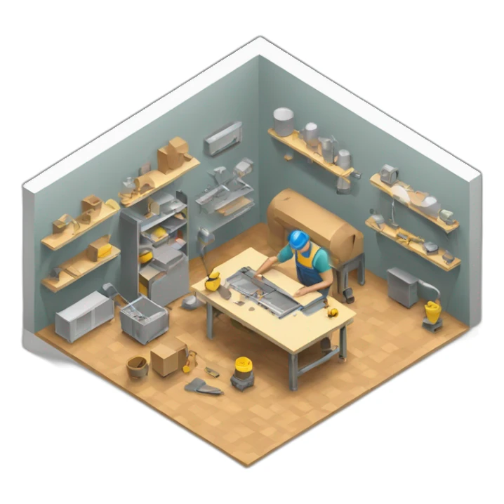 isometric fabricator working in creative workshop industrial  sticker