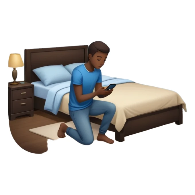 A Gen Z young person kneeling beside bed in bedroom at night praying, smartphone on nightstand, wearing casual clothes, dim lighting, posters on wall sticker