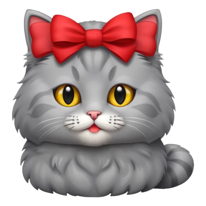 Fluffy grey kitty lying with a red bow sticker