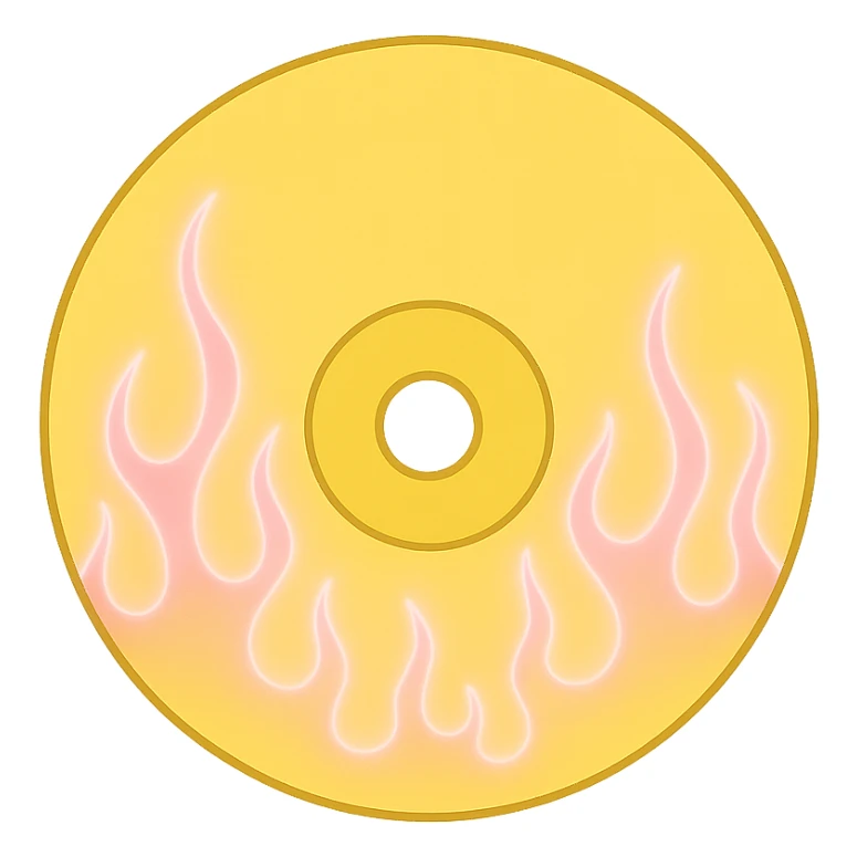 A minimalist CD disc with subtle pink flames, glowing effect, variation 2, color: yellow sticker