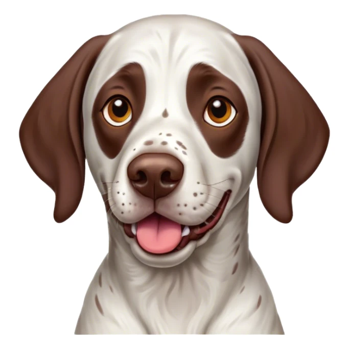 Cinematic Comical German Pointer Portrait Emoji, Head tilted dramatically with an exaggeratedly amused expression, featuring a striking liver and white coat with bold markings, wide, expressive brown eyes filled with playful disbelief, Simplified yet hilariously expressive features, highly detailed, glowing with a slightly sassy glow, high shine, dramatic yet playful, stylized with an air of cheeky charm, bright and endearing, soft glowing outline, capturing the essence of a spirited and over-the-top companion, so meme-worthy it feels like it could side-eye its way into internet fame instantly! sticker