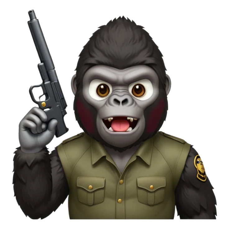 A gorilla holding a gun in the air making a silly face sticker