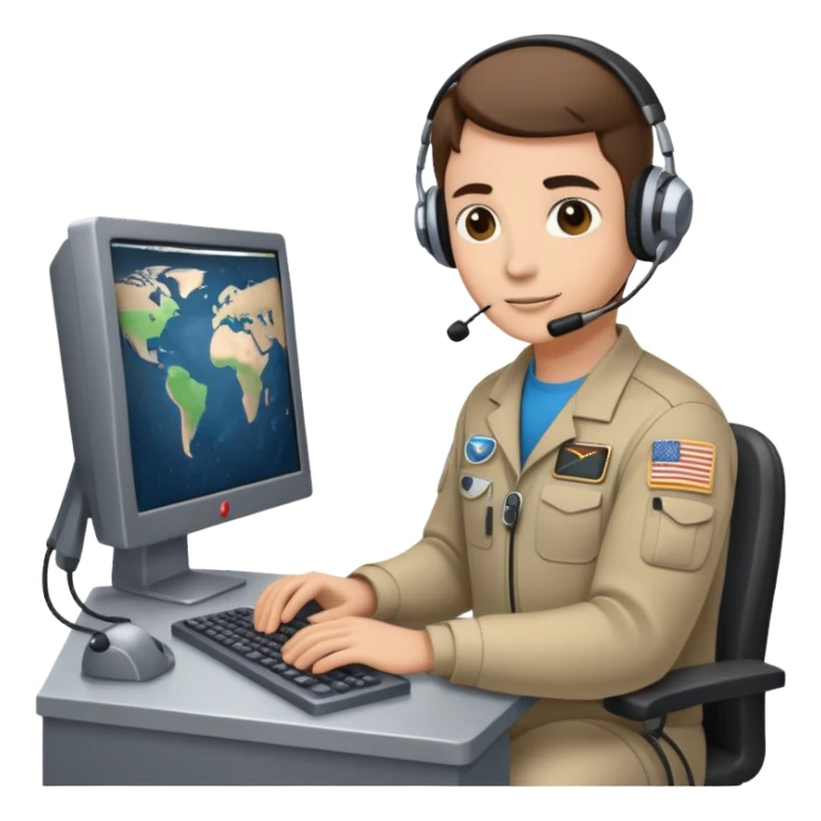 mission control technician with headset sitting at computer console sticker