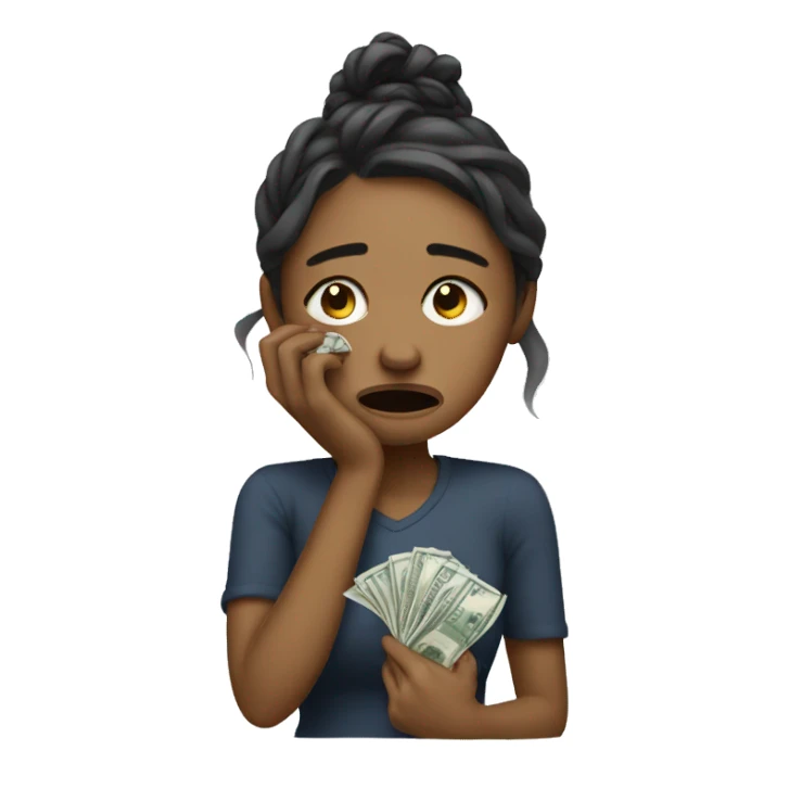Crying woman using money to wipe sticker
