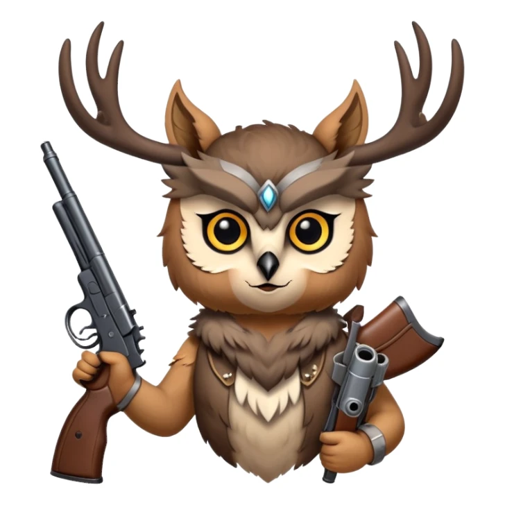 Owl with deer horns and wolf ears holding gun sticker