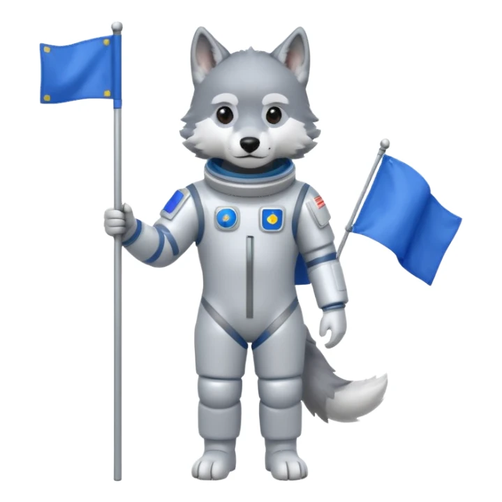 a wolf in space suit, holding blue rectangle flag, full body, front view sticker