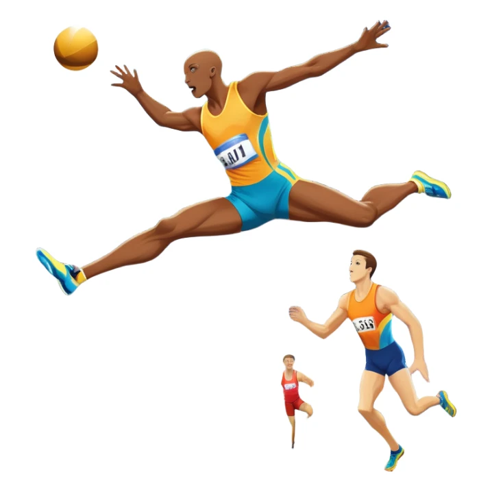 An icon showcasing  a sprinter in full speed, a high jumper soaring over the bar, a long jumper taking off, and a discus thrower in motion. The background features a vibrant stadium with cheering crowds, bright lights, and a clear sky.  sticker