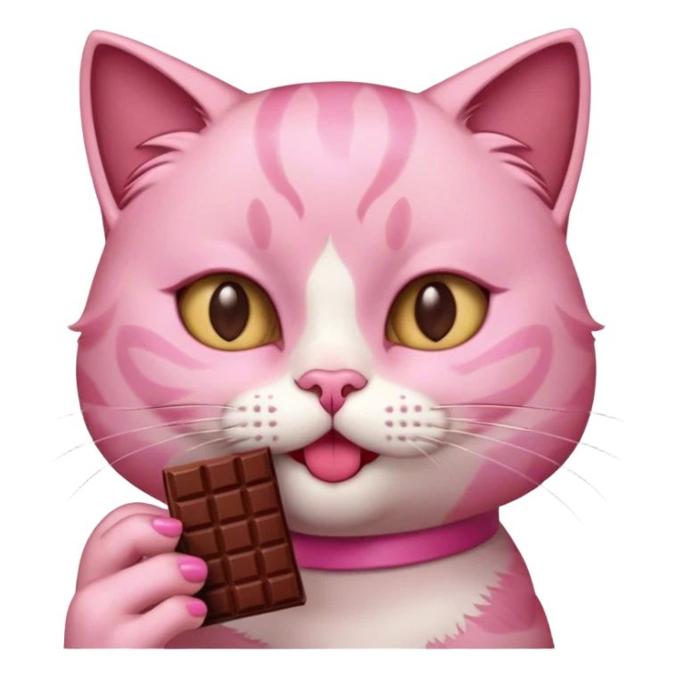 pink cat eating a chocolate sticker